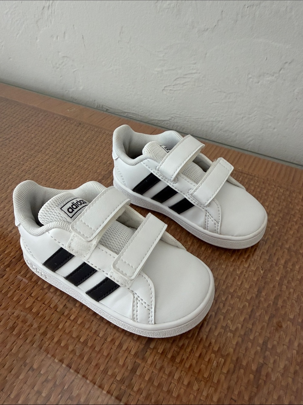 adidas Kids White Sneakers with Black Three-Stripes Velcro